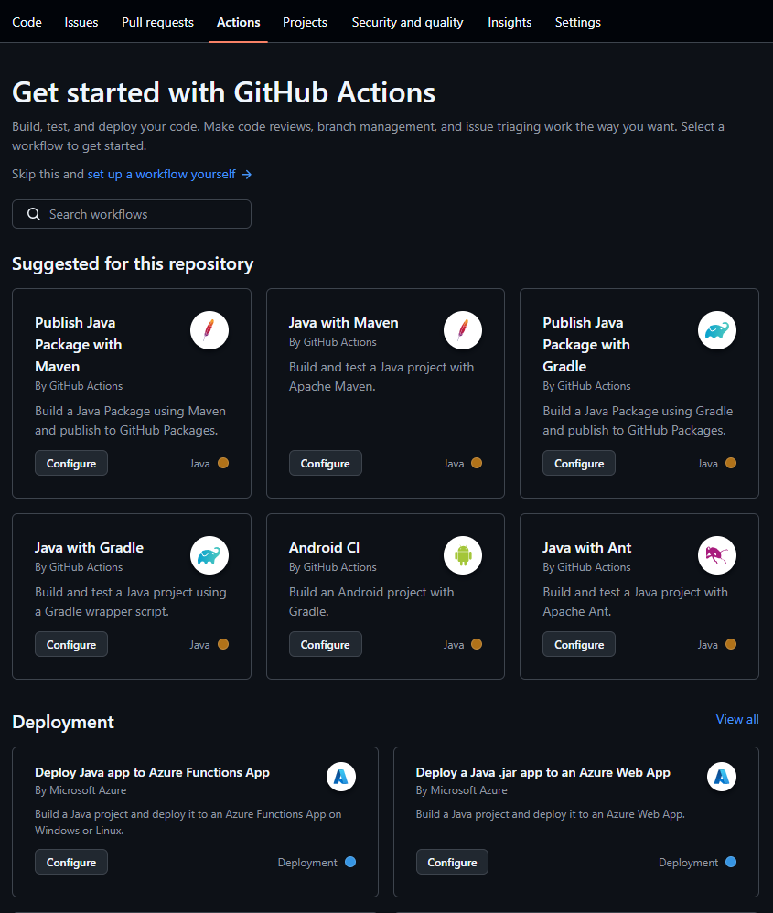 Creating a new workflow from the repository's Actions tab