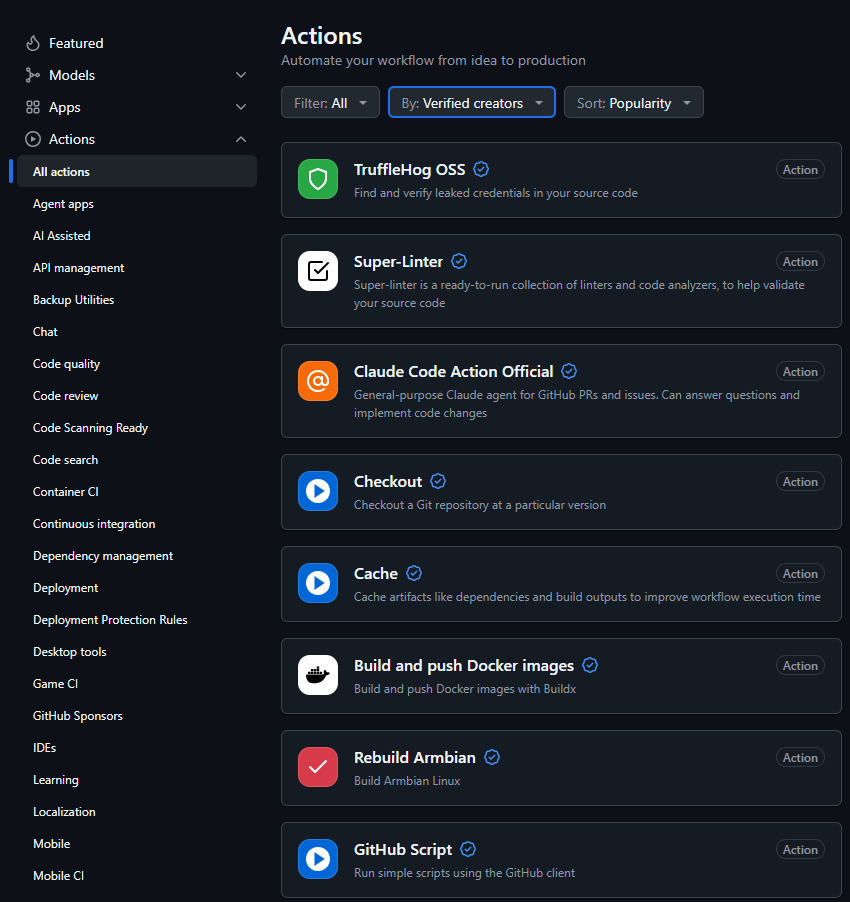 Reusable actions listed in the GitHub Marketplace