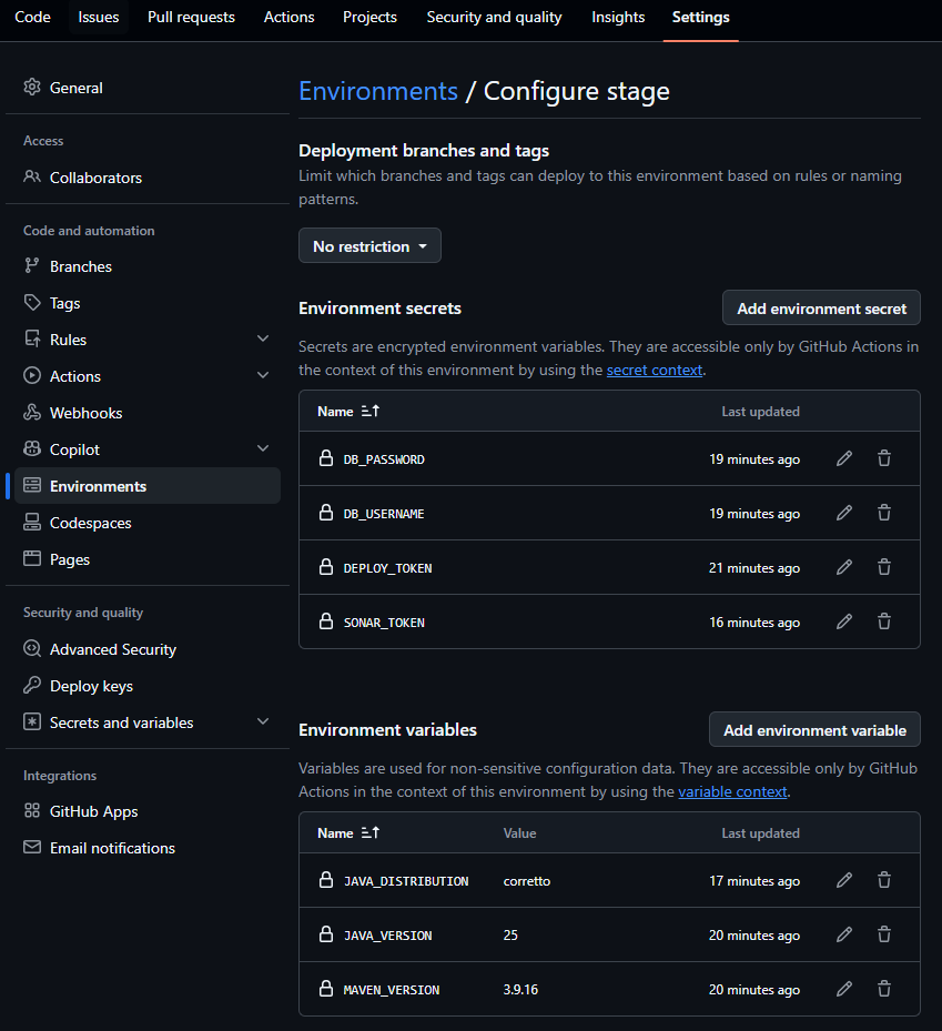 Actions secrets and variables in the repository settings
